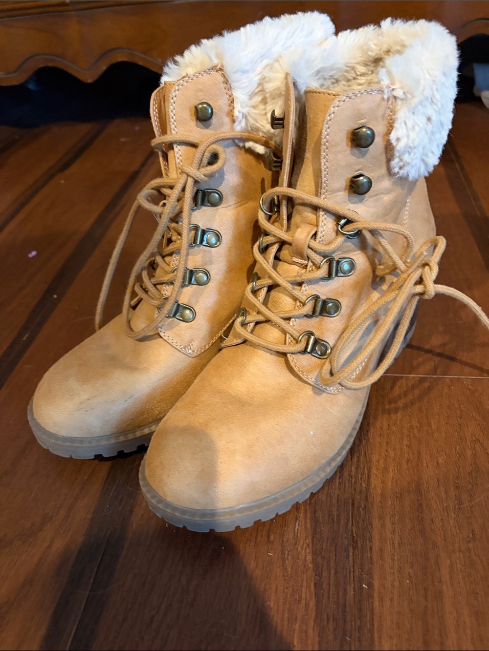 Cliffs by WHITE MOUNTAIN Tan Lace-Up Faux Fur Collar Boots